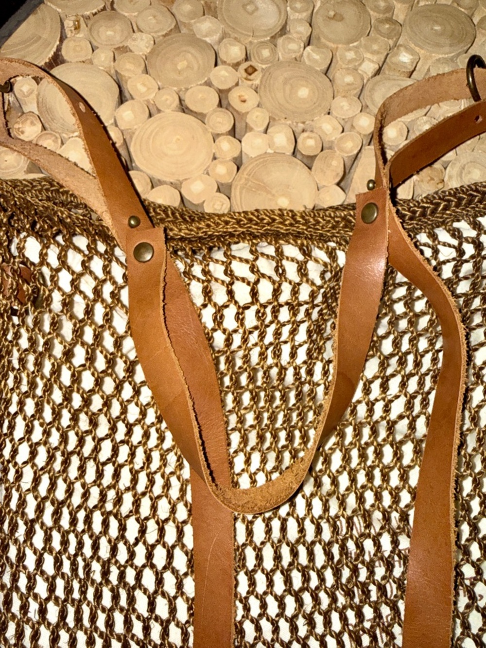 Handwoven Sisal Net Mesh Tote Bag Leather Straps - Brown Summer Beach Backpack - Picture 7 of 12